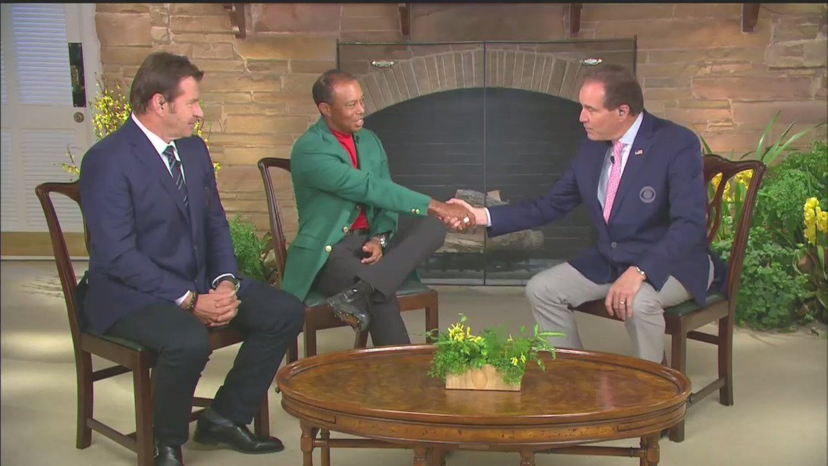 GolfonCBS's tweet photo. Now live on CBS from Butler Cabin, Tiger Woods joins Jim Nantz and Nick Faldo. https://t.co/ezaeKzmU00