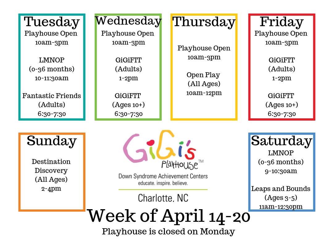Here is our playhouse schedule for the week!  Don't forget to visit our website and sign up and reserve your spot in our programs! We had a great first week and can't wait to meet even more amazing families!

#freepurposefulprograms #downsyndrome #gigisplayhousecharlotte
