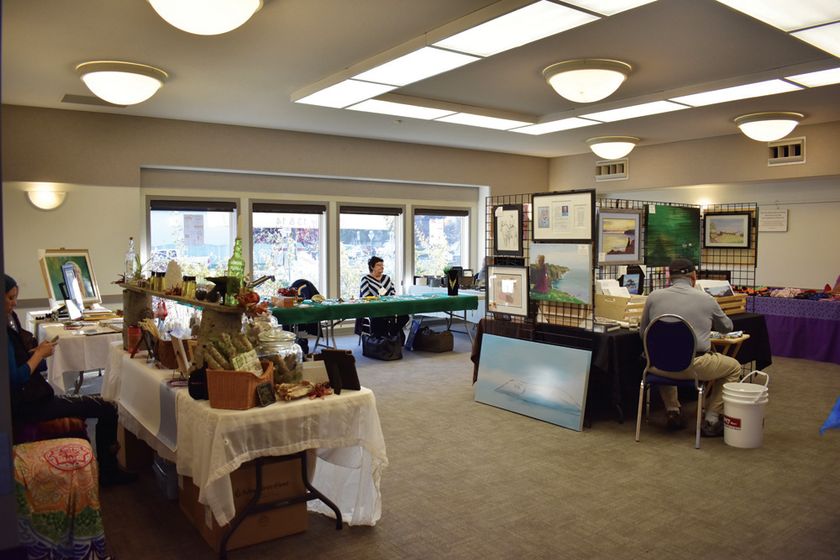 Setting up for our monthly Devon Arts market, running from noon to 4 pm at the Devon Community Centre.