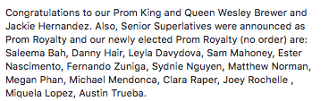 LewisvilleHS's tweet photo. Congratulations to our Prom King and Queen Wesley Brewer and Jackie Hernandez! See image for all of Prom Royalty! https://t.co/0pwBoEdW0m