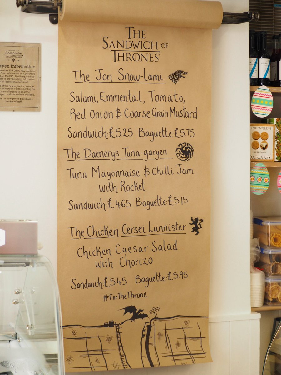 TheSalcombeDeli's tweet photo. Our Specials board has been taken over - @GameOfThrones style!
#GOT #GameOfThrones #GameOfThronesSeason8 #GameOfThronesEve #Season8Ready #JonSnow #Daenerys #Cersei #GOTTheme #Salcombe #Devon #Southwest #Deli #Sandwich #Sandwiches #Menu #Lunch #Lunchtime https://t.co/UXf204P86u
