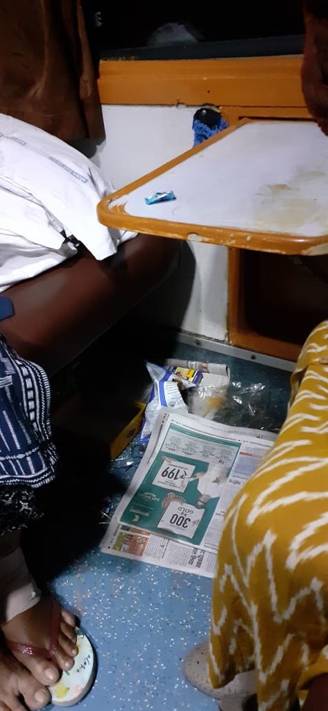 Menka1610's tweet photo. Its shameful People are still ignorant to the Basic Necessity of Cleanliness! This is the situation of Train # 22974 PNR: 6426587070 #disgusting!😡@RailwaySeva @PiyushGoyal  We started from Surat almost 30 minutes pased, we asked for a cleaner attendant, but none showed up yet.😡 https://t.co/YVo8u5czIc