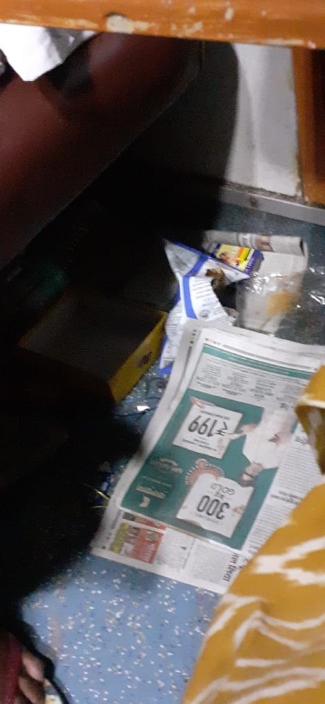 Menka1610's tweet photo. Its shameful People are still ignorant to the Basic Necessity of Cleanliness! This is the situation of Train # 22974 PNR: 6426587070 #disgusting!😡@RailwaySeva @PiyushGoyal  We started from Surat almost 30 minutes pased, we asked for a cleaner attendant, but none showed up yet.😡 https://t.co/YVo8u5czIc