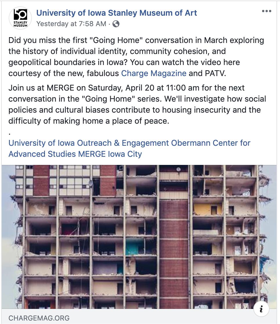 MagazineCharge's tweet photo. We are so pleased to have been able so share the first "Going Home" conversation in our first issue! Go check out the next installment and then come hang out and discuss with us and some of the speakers at Cortado in Iowa City, 5:30-7:30! @uistanleymuseum https://t.co/ii05JBK0qC