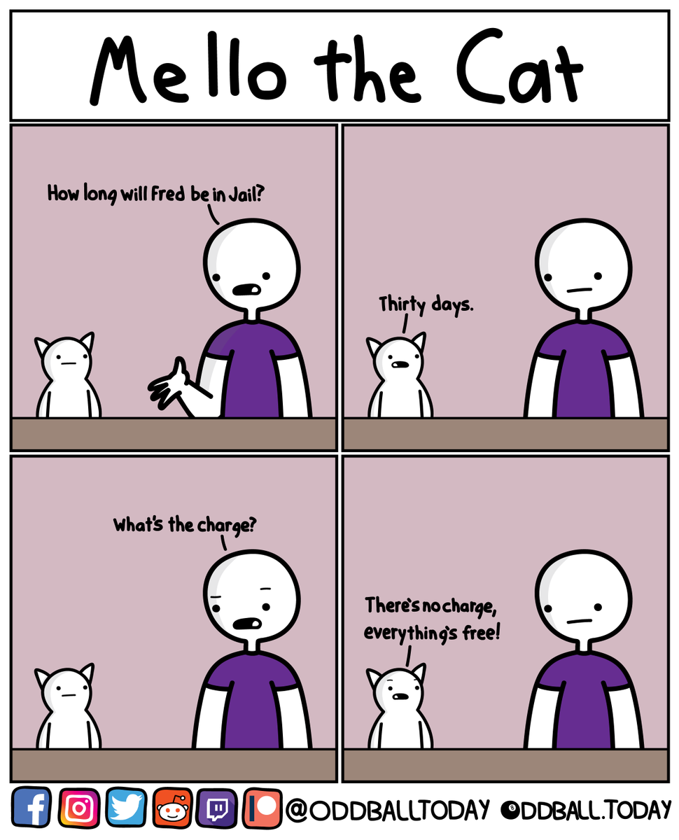 oddballtoday's tweet photo. Comic #362 - Mello: Jail Time
https://t.co/3IbKOF8wVR
.
.
.
.
.
.
.
#comic #comics #webcomic #webcomics #cartoon #mellothecat #mello #cats #cat #jail #jailtime #crime #days #day #punishment #nocharge #charge #free #freeorcharge #everythingsfree https://t.co/GhXNg95kEc