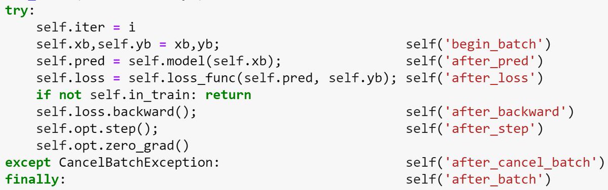 jeremyphoward's tweet photo. The heart of a @PyTorch training loop with callbacks. By aligning the training code and callback code, you can see exactly what's going on in each.

Formatting code for understanding is too important to leave to automated tools or hard and fast rules. https://t.co/hO5FXgTUC4
