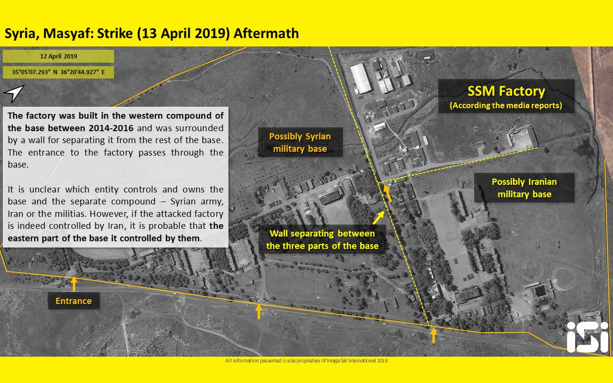 BabakTaghvaee's tweet photo. #BREAKING: On 13/04/2019, #Israel Defense Force carried-out an airstrike against missile factory &amp; warehouses of #IRGC &amp; Syrian #Hezbollah in #Masyaf, #Syria destroying multiple artillery rockets and ballistic missile launchers. ImageSat Intl. released its sat images now: https://t.co/5gJP1C85FH