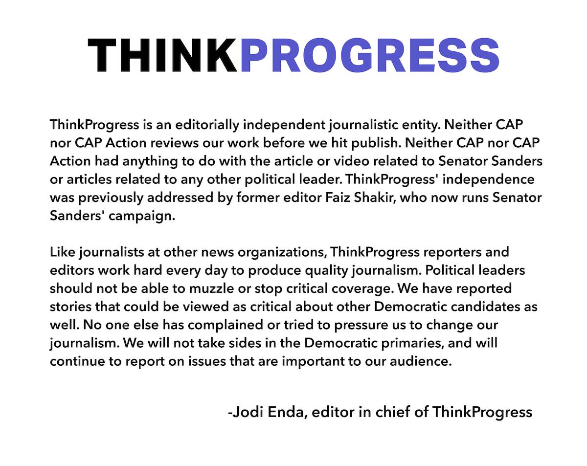 A statement from ThinkProgress Editor in Chief Jodi Enda: