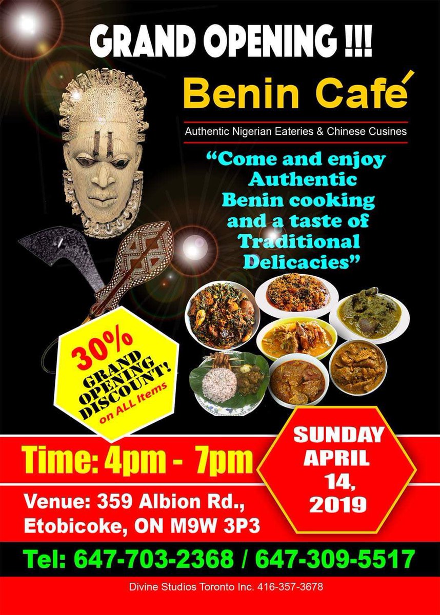 Tasting! Tasting!! Tasting 1 2. 

Hello my country people for Toronto, you are invited our esteem kitchen where we serve ogbonge Naija foods. 

We are giving 30% off selected meals today. Make it a date with us as we bring you delicious, fabulous and gargantuan naija foods.