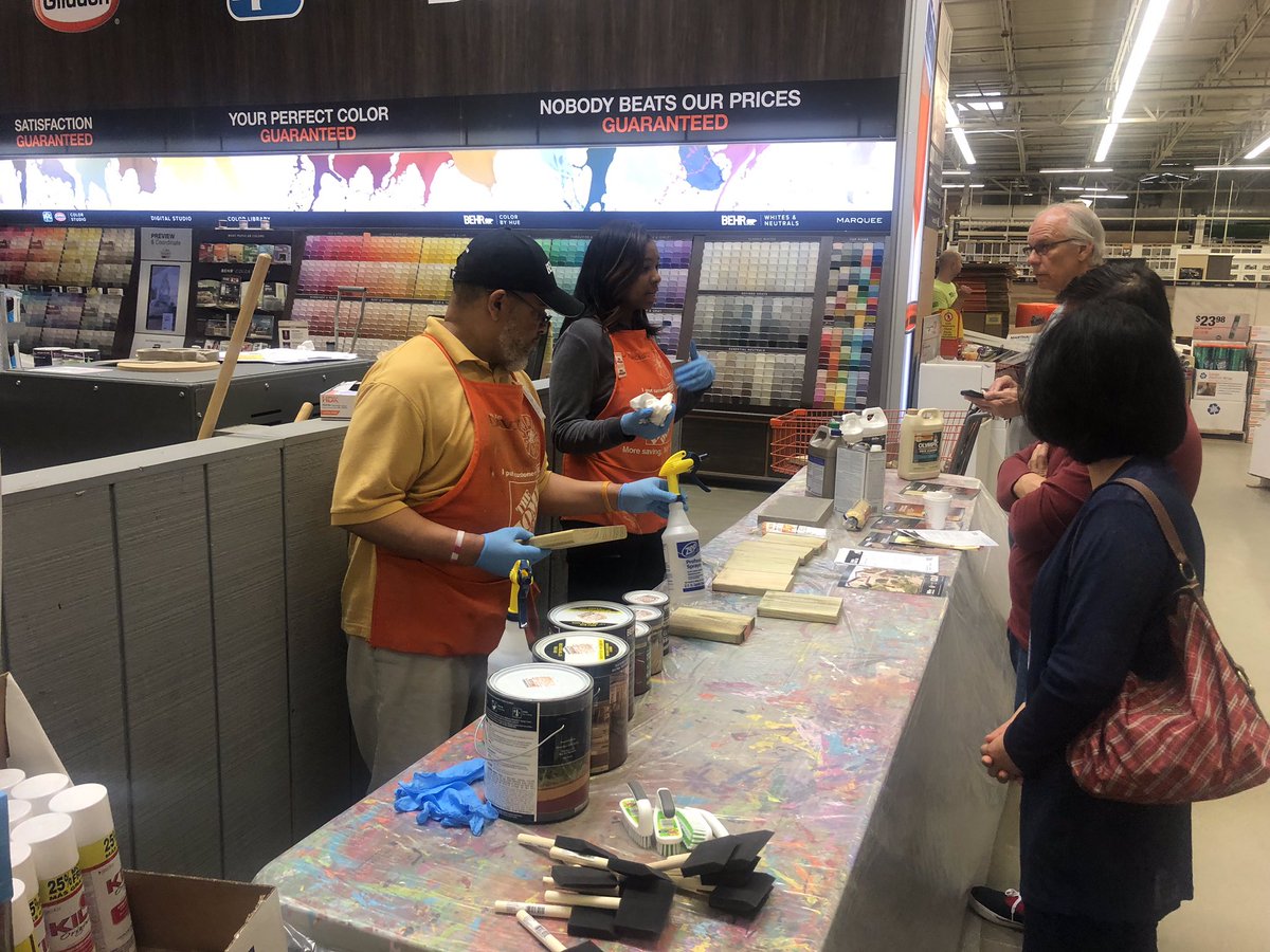 KamaraAntonia's tweet photo. Paint associates Alecia and David demonstrating deck staining at the DIY Deck Staining Workshop #BuiltToBringIt #DeckStaining #DIY @BMO_MET @billshuell @staceyjsharp1 @voa8550 https://t.co/gGbhLf5SR8
