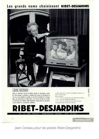 FCahen's tweet image. Je viens de découvrir qu'il arrivait à des écrivains de vendre leur image autrefois : Victor Hugo a fait de la publicité pour une bouteille d'encre et Jean Cocteau pour des postes de télé... Ces images sont assez surprenantes.  yspaddaden.com/2016/01/13/les…