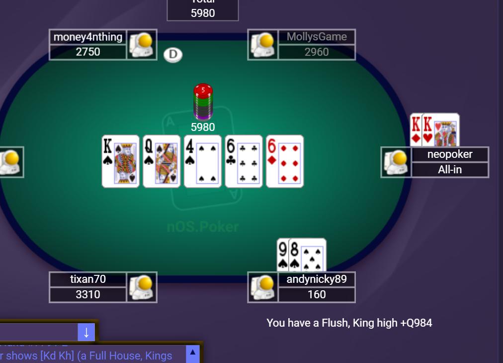 wallstreetduka's tweet photo. What a nice #poker hand at @nOS_Poker! I got served with a flush but got killed by a runner-runner with 6-6 😂 Join @nOS_Poker here: https://t.co/A8qQaNo2tL.
Username: andynicky89 https://t.co/gZhPNlghw2