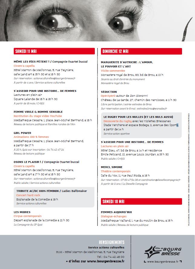Bourg_en_Bresse's tweet photo. Inspirantes 💡, créatives, talentueuses : pour le printemps culturel de la Ville du 8 au 12 mai, venez rencontrer des femmes remarquables ! 👩‍👱‍♀️

Infos &amp; programmation 👇

#culture #printemps #bourgenbresse @GLacroix01 https://t.co/Zx2uQvqSPW