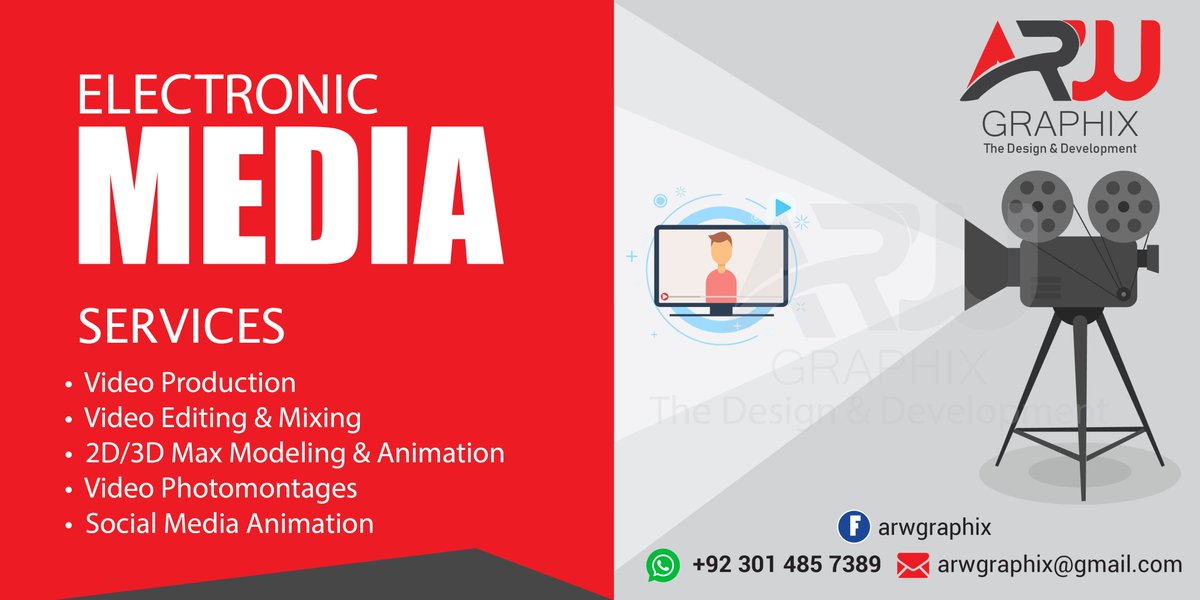ArwGraphix's tweet photo. 👉#ARW 🎖🎨#GRAPHIC 
The Design &amp; #Development
🎬#ELECTRONIC 🎧#MEDIA 🧶#SERVICES
• #Video Production 
• Video #Editing &amp; #Mixing
• #2D/3D Max #Modeling &amp; #Animation
• Video Photomontages
• #Social Media Animation 
📞Cell:+ 92 301 4857 389
📨Email:-arwgraphix@gmail.com https://t.co/NDFLNbufal
