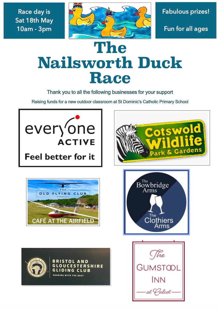 NailsworthThe's tweet photo. A BIG thank you to all our sponsors this year, the ducks are getting prepared and fit for their big day on Saturday 18th May, here are the prizes you could win. @StDomsStroud @NailsworthF  @NailsworthTown @nailsworthtoday https://t.co/yKexqdCAvp