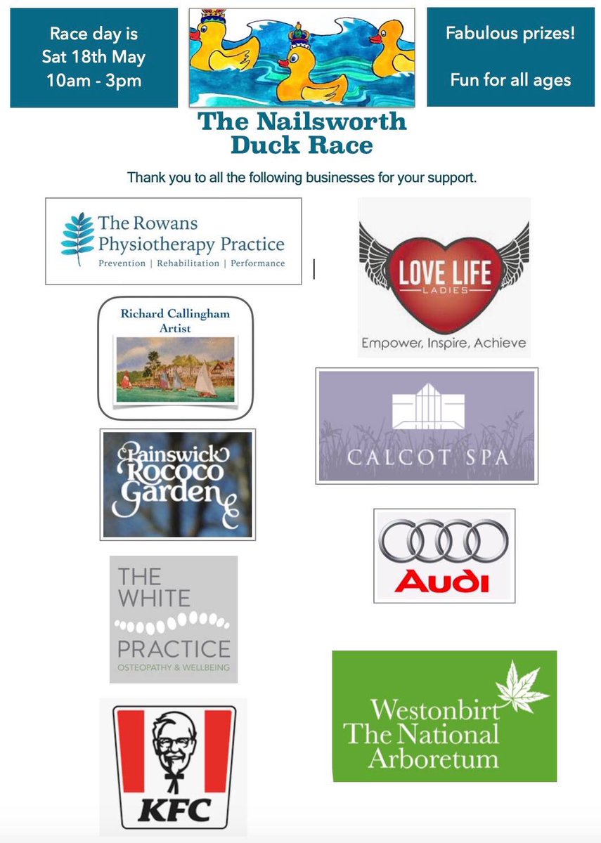 NailsworthThe's tweet photo. A BIG thank you to all our sponsors this year, the ducks are getting prepared and fit for their big day on Saturday 18th May, here are the prizes you could win. @StDomsStroud @NailsworthF  @NailsworthTown @nailsworthtoday https://t.co/yKexqdCAvp