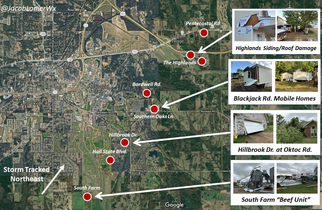 JacobLanierWx's tweet image. I visited most locations that were hit by the likely tornado last night east of Starkville &amp;amp; MSU. Here is my rough sketch of the damage and possible tornado path. Of course, we'll have an official tornado report from @NWSJacksonMS today or tomorrow. @MSUWeather #MSUwx