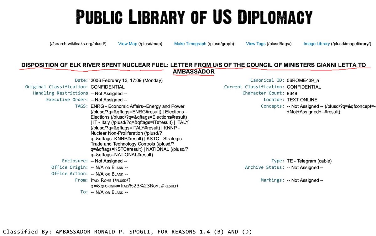 Wikileaks_Ita's tweet photo. #PlusD Gianni #Letta all'Amb Usa :
Riprendetevi le Vs 64 barre nucleari esaur di Torio-Uranio che stanno diventando un problema politico per #Berlusconi al sud per la sua rielezione o le daremo alla Russia
Stoccate a ITREC Rotondella di Matera dal 1970
https://t.co/6mz5EFC4Gj https://t.co/kS3BlrdHIV