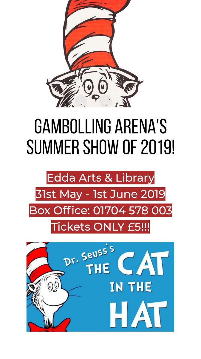 What's on Next? 🎭 

Dr Suess'  #TheCatInTheHat

GA's #Summer #Show of 2019 >
Are you ready to have lots of good FUN that is FUNNY!? - Meet CAT, SALLY, CONRAD, THE FISH and of course THING ONE &amp; THING TWO!

📍 <a href="/EddaArts/">Edda Community Arts</a>
📅 31st May @ 6pm - 1st June @ 2.30pm &amp; 5pm
☎  01704 578003