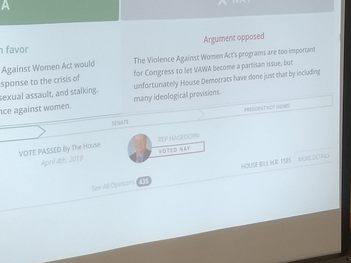 IndivisibleSPGM's tweet photo. Representative Hagedorn voted against supporting the Violence against Women Act. We are very dissapointed in this vote! #MN01 https://t.co/wgcGQTUjAZ