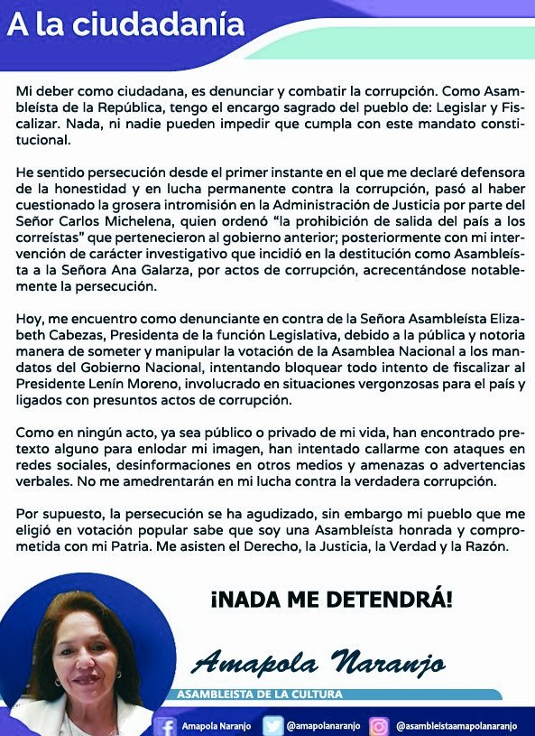 COMUNICADO|
He recibido amenazas y advertencias por estar contra la verdadera corrupción. Sepan bien que no podrán amedrentarme ni callarme.
No me asustan, sé que estoy del lado correcto, me asiste la razón y la ciudadanía
#NiUnPerseguidoMás
<a href="/MashiRafael/">Rafael Correa</a> @BancadaRC_ <a href="/CIDH/">CIDH - IACHR</a> <a href="/ONU_es/">Naciones Unidas</a>