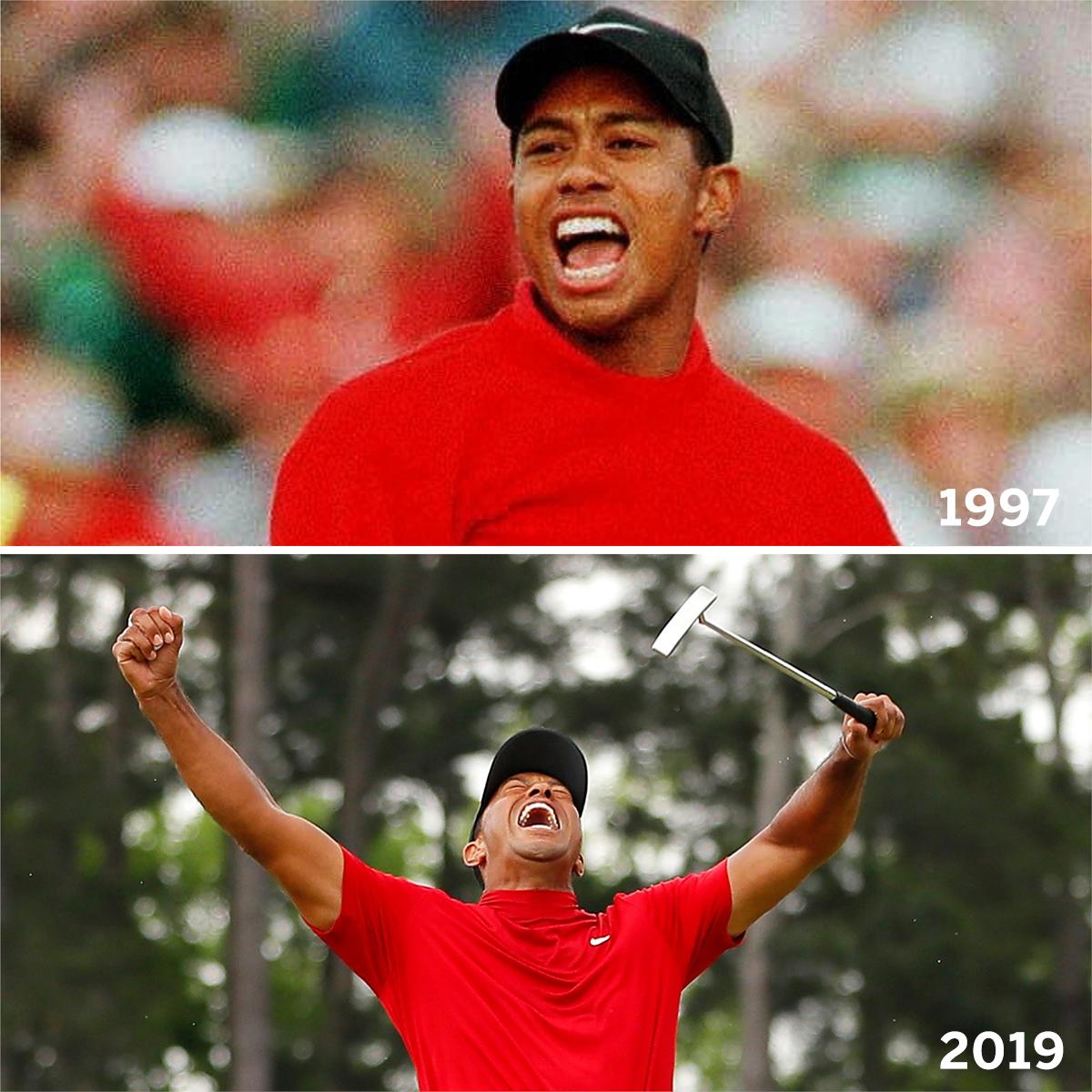 espn's tweet photo. 1997 x 2019 

Tiger is back 👏 https://t.co/RhiCEex8xH