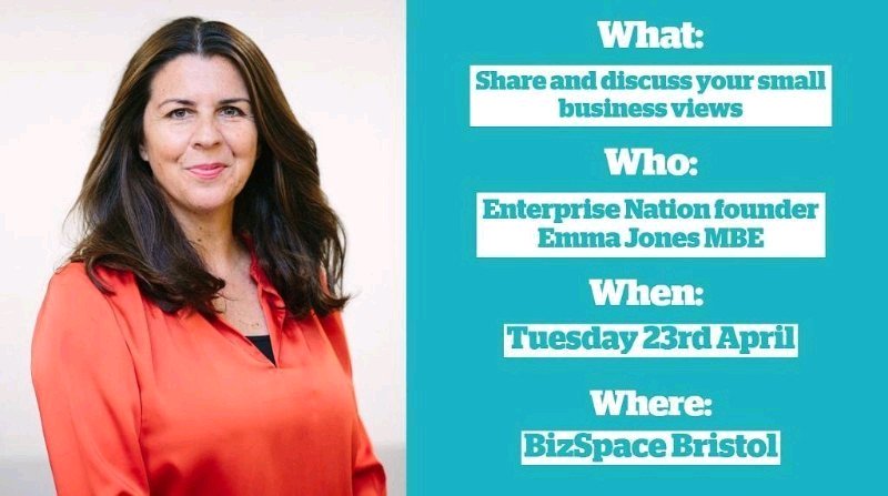 To ensure the voice of small businesses is heard by the government, we're running events for members. Join Enterprise Nation founder <a href="/emmaljones/">Emma Jones</a> to discuss business support over lunch at <a href="/BizSpaceBristol/">BizSpaceBristol</a> in Bristol on 23 April buff.ly/2KCVCaH