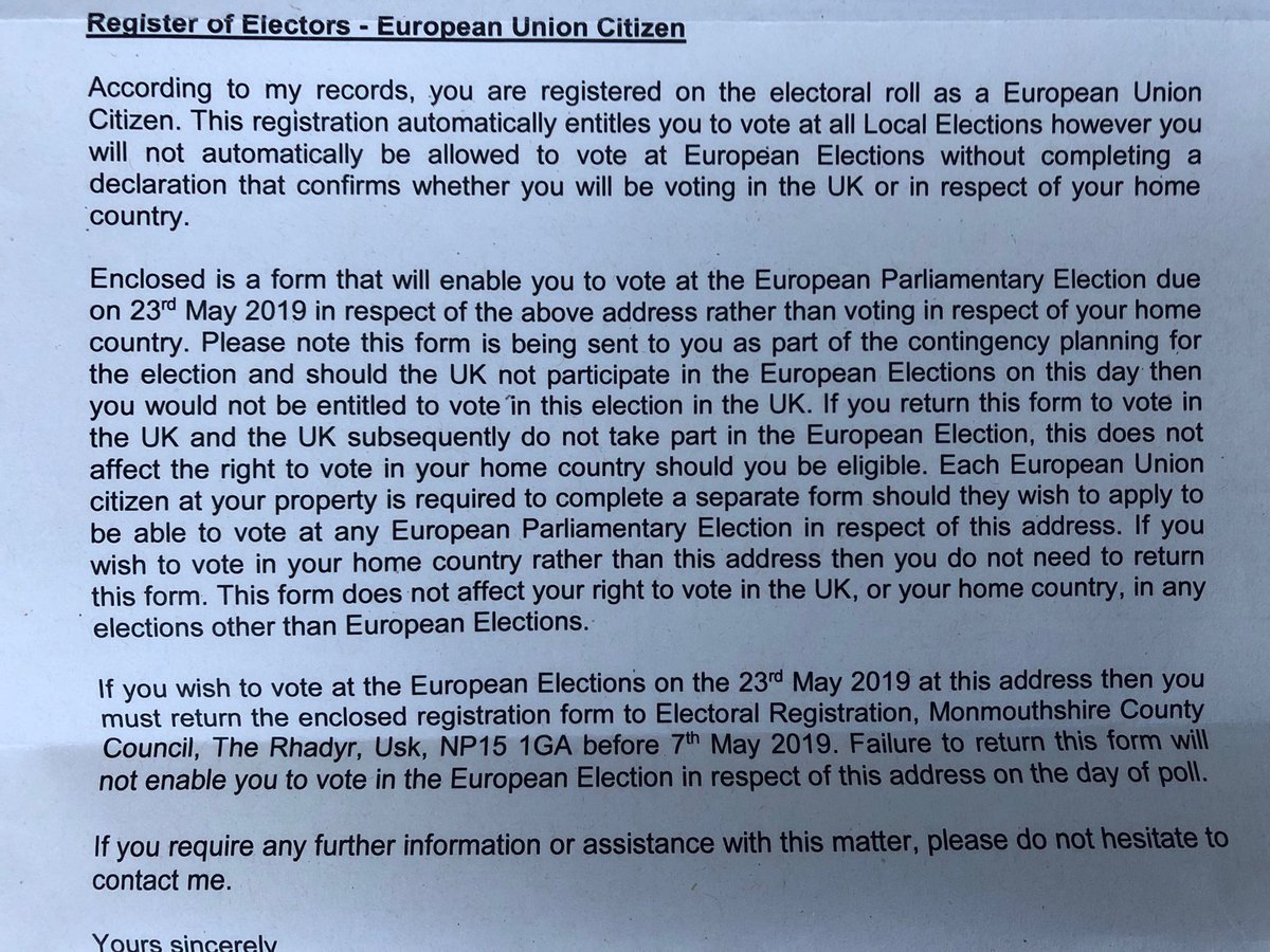 DavidTCDavies's tweet photo. For the first time I can remember, non-UK citizens from EU countries are getting letters &amp; forms to encourage them to vote in the EU elections in this country. https://t.co/joDlvbb1Ck
