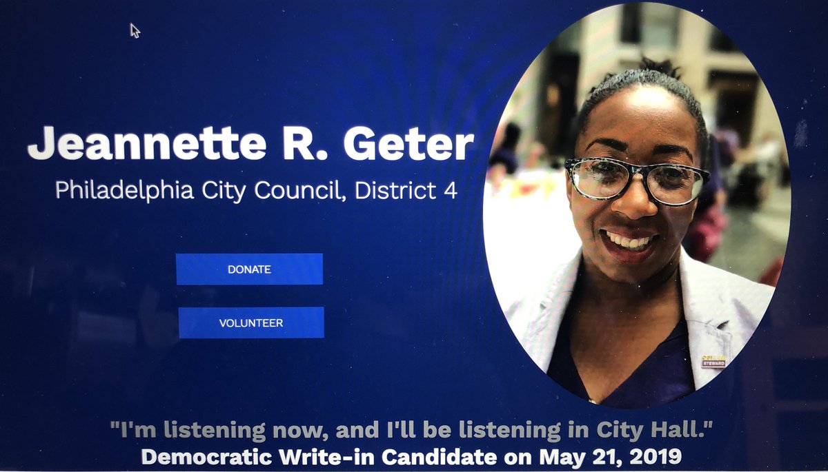 TanyaHutchins's tweet photo. ATTENTION #PHILADELPHIA: Write in City Council District 4 Candidate @JeannetteGeter May 21, 2019. She understands working families and will fight for ALL workers. https://t.co/aWxXrIZ5ii #VoteGeter #GoGeter https://t.co/hDebJwNae0