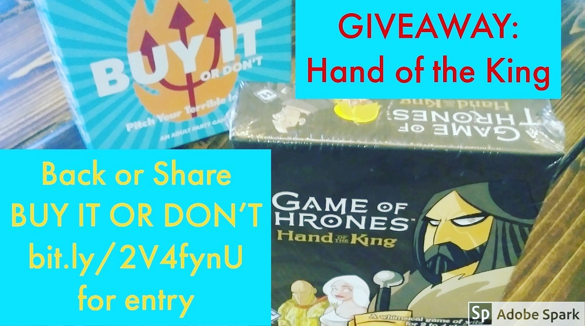 BinksMedia's tweet photo. Only 15 more backers until the #giveaway #GOT #Handoftheking!

 Share https://t.co/ubNYpgo7xK 
&amp; tag us for 1 entry 
or back #Buyitordontgame #Kickstarter for 2 entries!

#partygame #gamenight #improv #game https://t.co/tmw4sjyz9P https://t.co/PrJSA3w22b