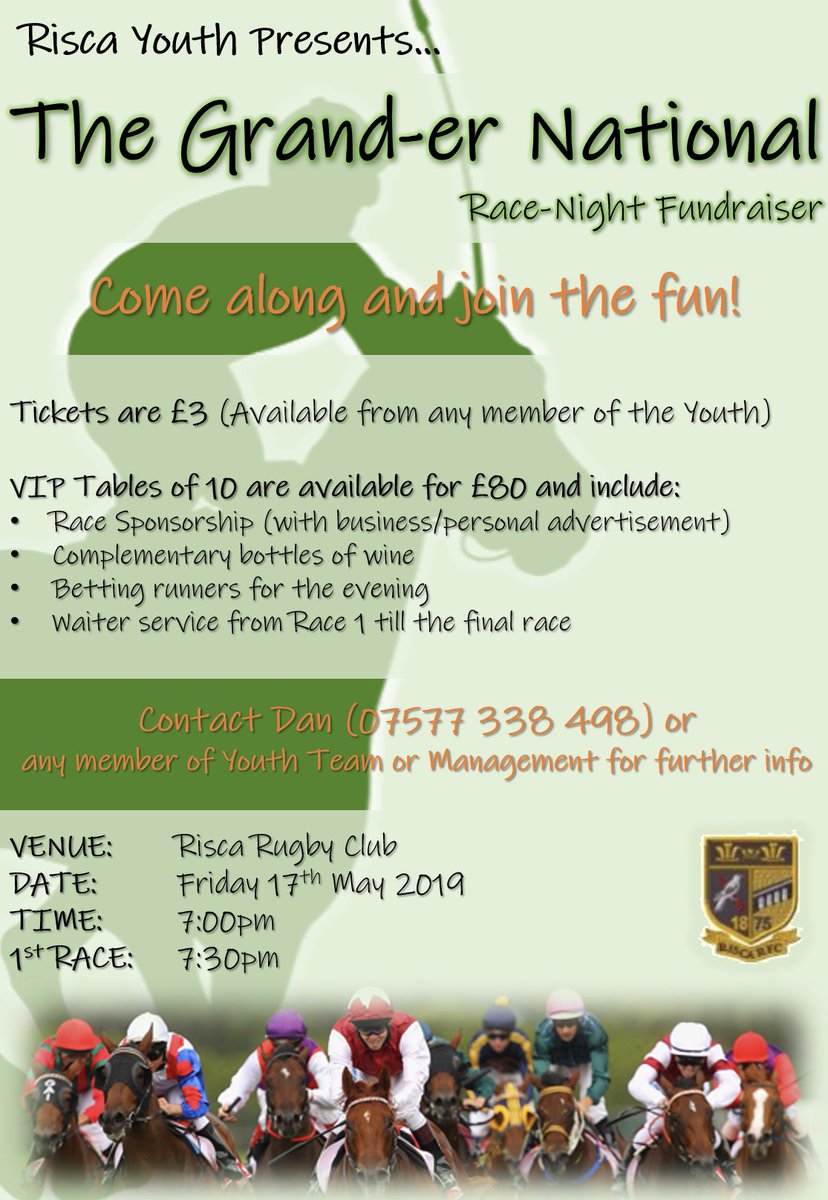 RiscaYouthRFC's tweet photo. Risca Youth Fundraiser -
The Grand-er National Race Night 🐎 

Friday 17th May (7:00pm) @ @RiscaRFC 

Get in touch for tickets or to enquire about our VIP tables. Guaranteed to be a great night!! 👊

Please share! 👍

#SupportTheYoof https://t.co/1U1OKlh7UP