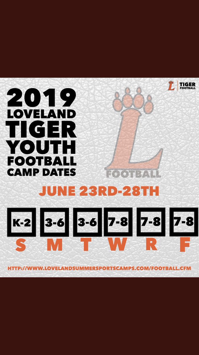Don’t forget to sign up for our youth camps this summer! @GoLMSTigers <a href="/LovelandYouthFB/">Loveland Youth Football</a> #ComeBeGreat lovelandsummersportscamps.com/football.cfm