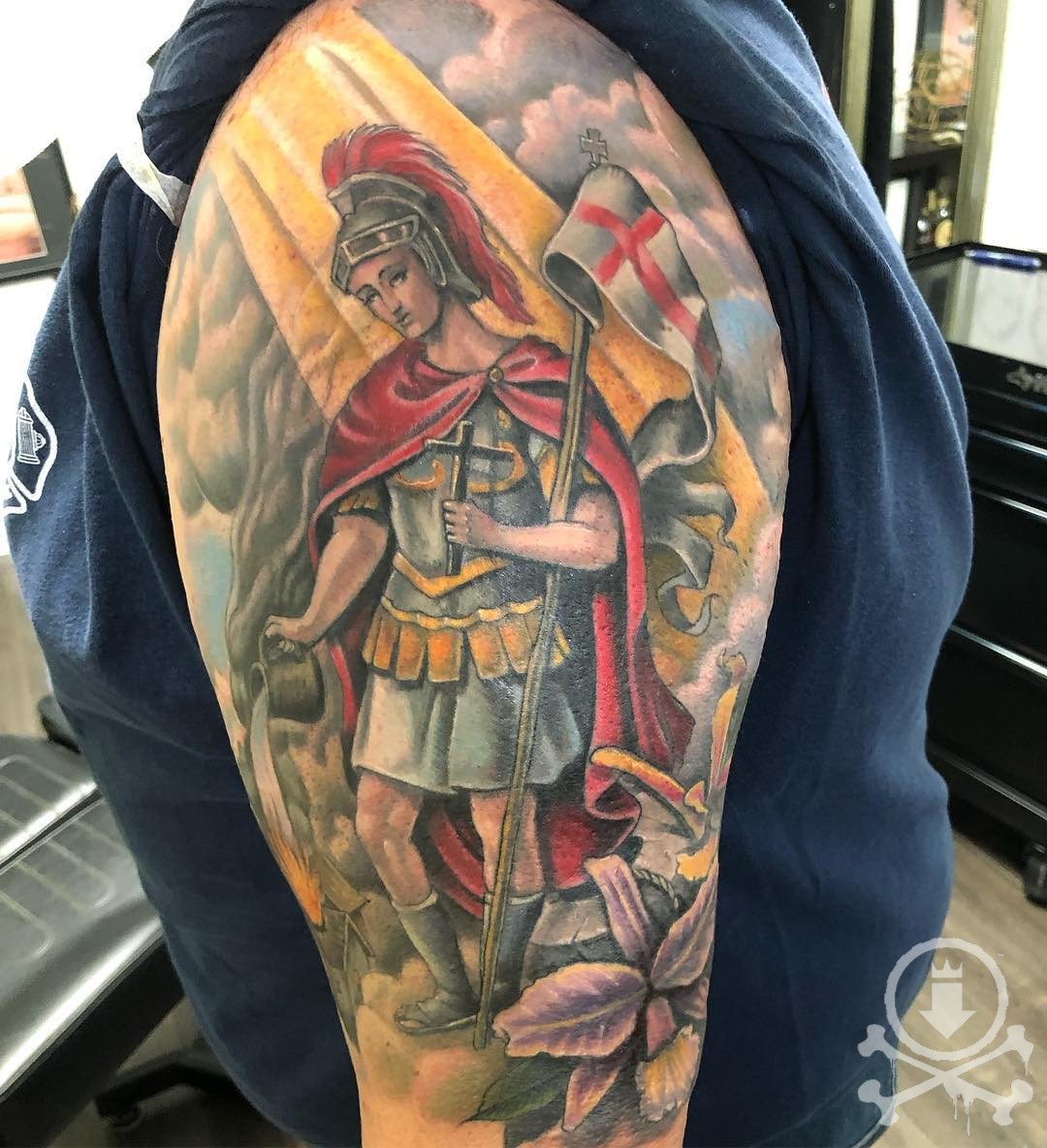 Made this tattoo of Saint Florian on an awesome guy named mattcuevas343   Matt is a firefighter a father a friend and so much more  Instagram