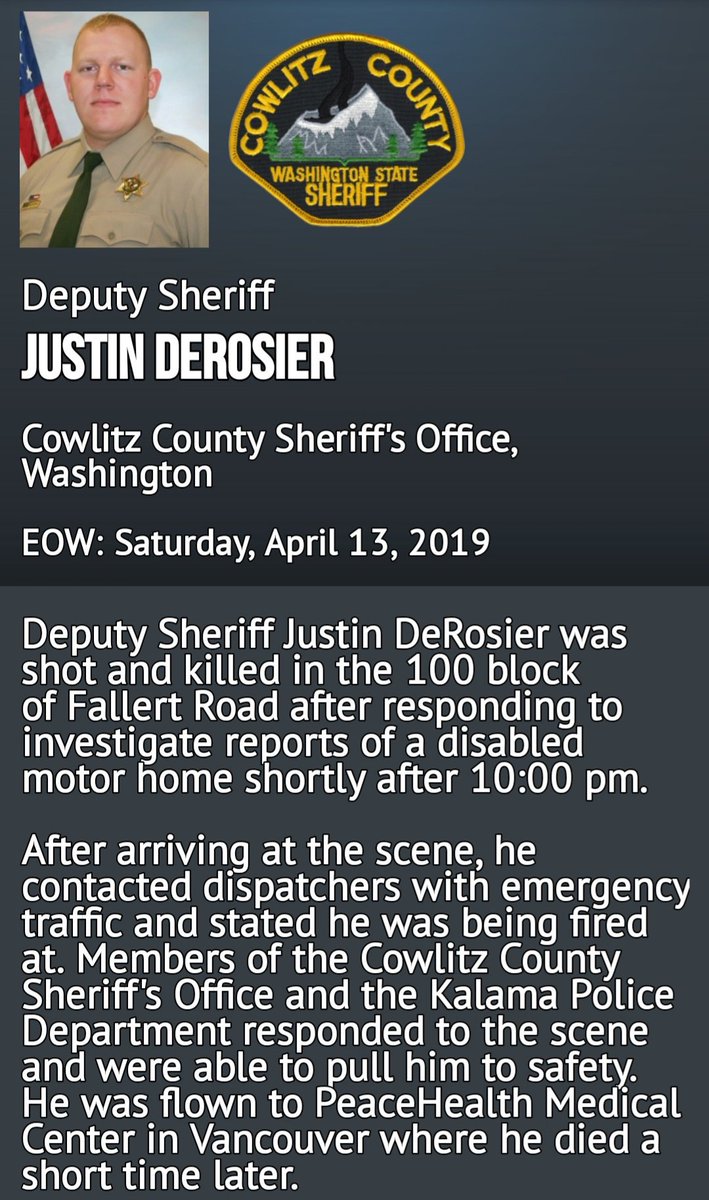 🖤💙🖤💙🖤💙🙏 Deputy Derosier is survived by his wife, 5mo old baby daughter, his #SistersAndBrothers of Cowlitz County Sheriff's Department.  #BlessTheBlue #BackTheBadge #BlueFamilyPrays #BlueFamily #NeverForget #NoOneFightsAlone #BlueAngel