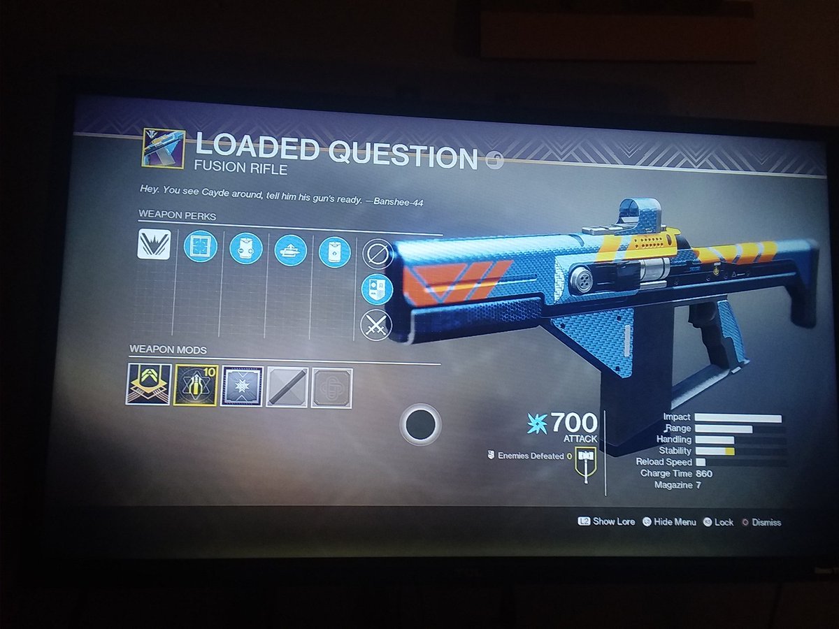 Joe_njdm_nydm's tweet photo. Finally just got the loaded question fusion rifle from running nightfall and nightfalls. #Destiny2 #vanguard #titan #masterworked https://t.co/KS6xrXYUsE