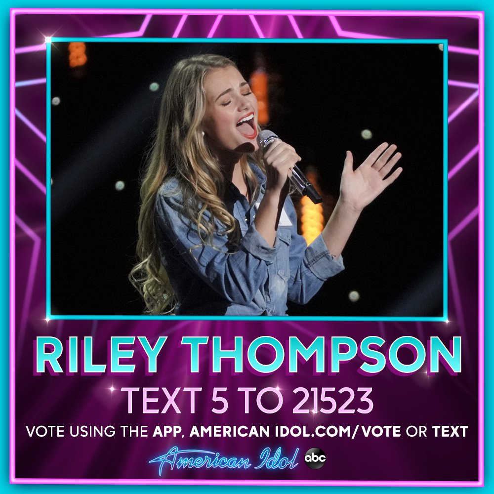 AmericanIdol's tweet photo. There's 3⃣ ways to vote for @RileyThompson:

🌟Go to https://t.co/zflQXnsvHE⁣⁣
🌟In the American Idol App ⁣⁣
🌟Text "5" to “21523”⁣⁣
⁣⁣
#AmericanIdol https://t.co/565h91xyFl