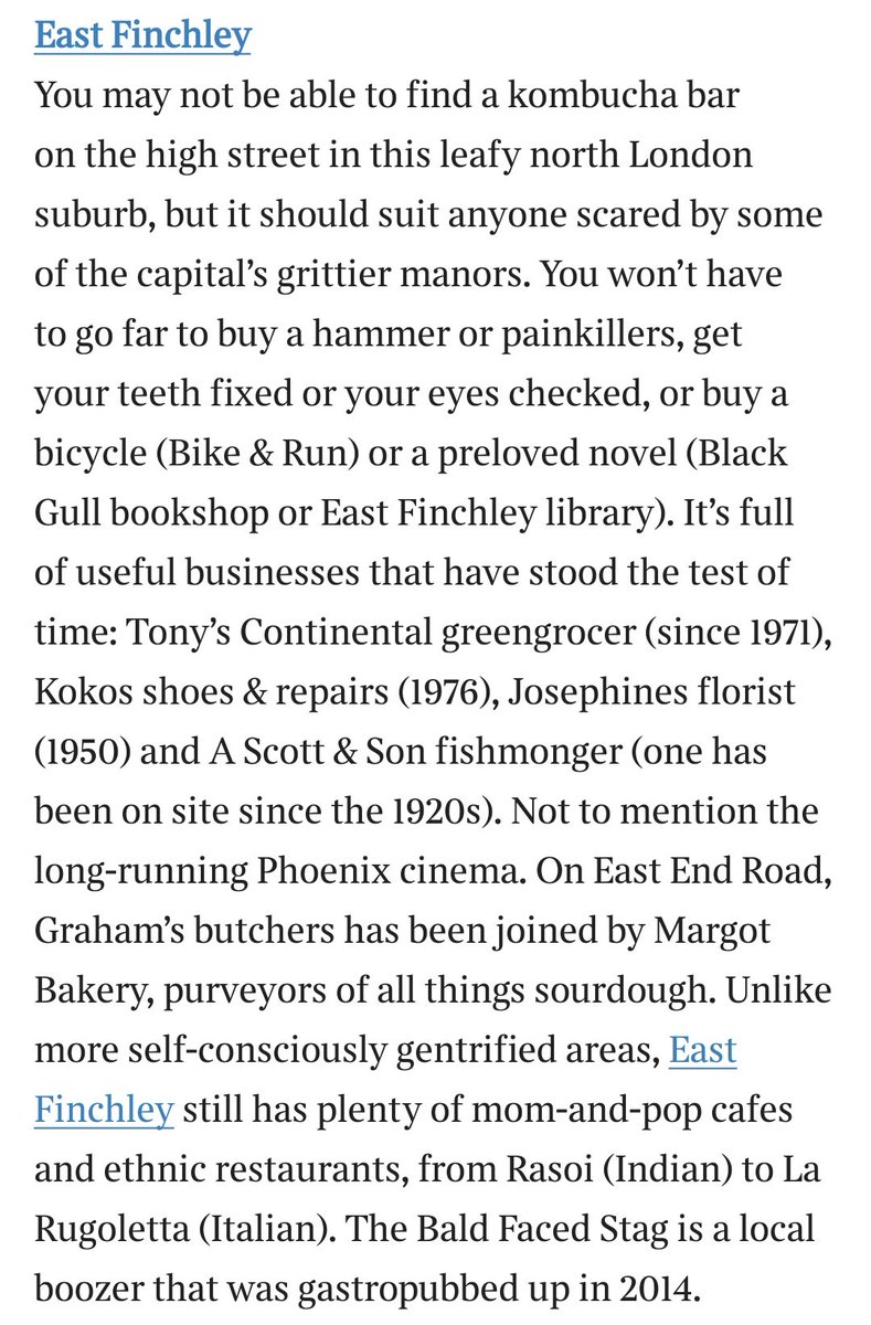 SavlaFaire's tweet photo. Great to see #EastFinchley listed as one of the best places to live in London in the @thesundaytimes (I'm very biased, of course), and the shout-outs to some of my fave independent outlets - @Phoenixcinema @Tonys_N2 @margotbakery @KOKOSfinchley. #SupportLocal https://t.co/1EeYKS2Ptk