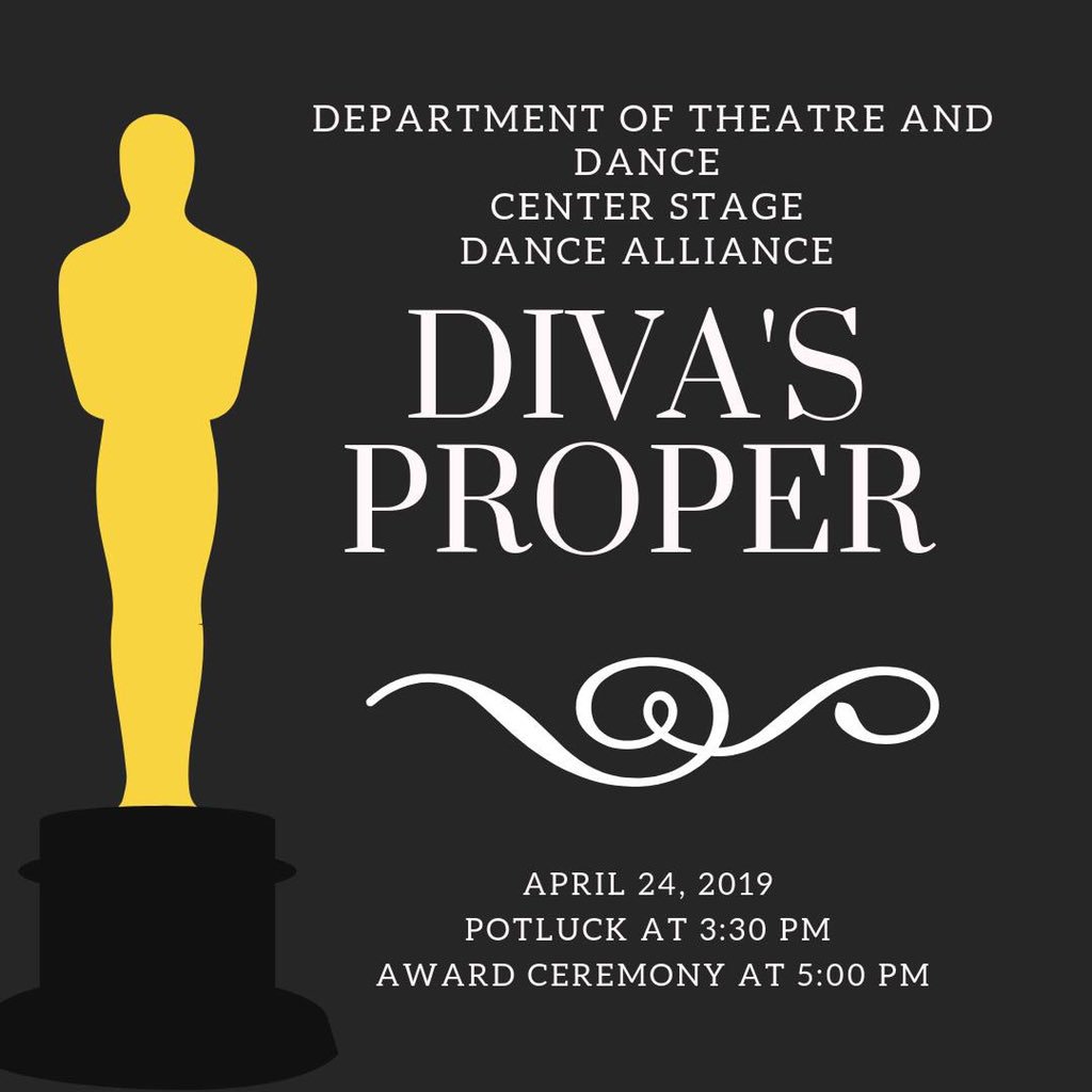 CofCCenterStage's tweet photo. Everyone is invited to attend the annual Diva's Proper Award Ceremony ✨ 
The Potluck begins @ 3:30 outside of the Design Studio on the second floor of the Simons Center. 🏆
The Award Ceremony will begin @ 5 in the Emmet Robinson Theatre
Dress your best and bring a dish! ⭐️ https://t.co/O14uDKFGGK