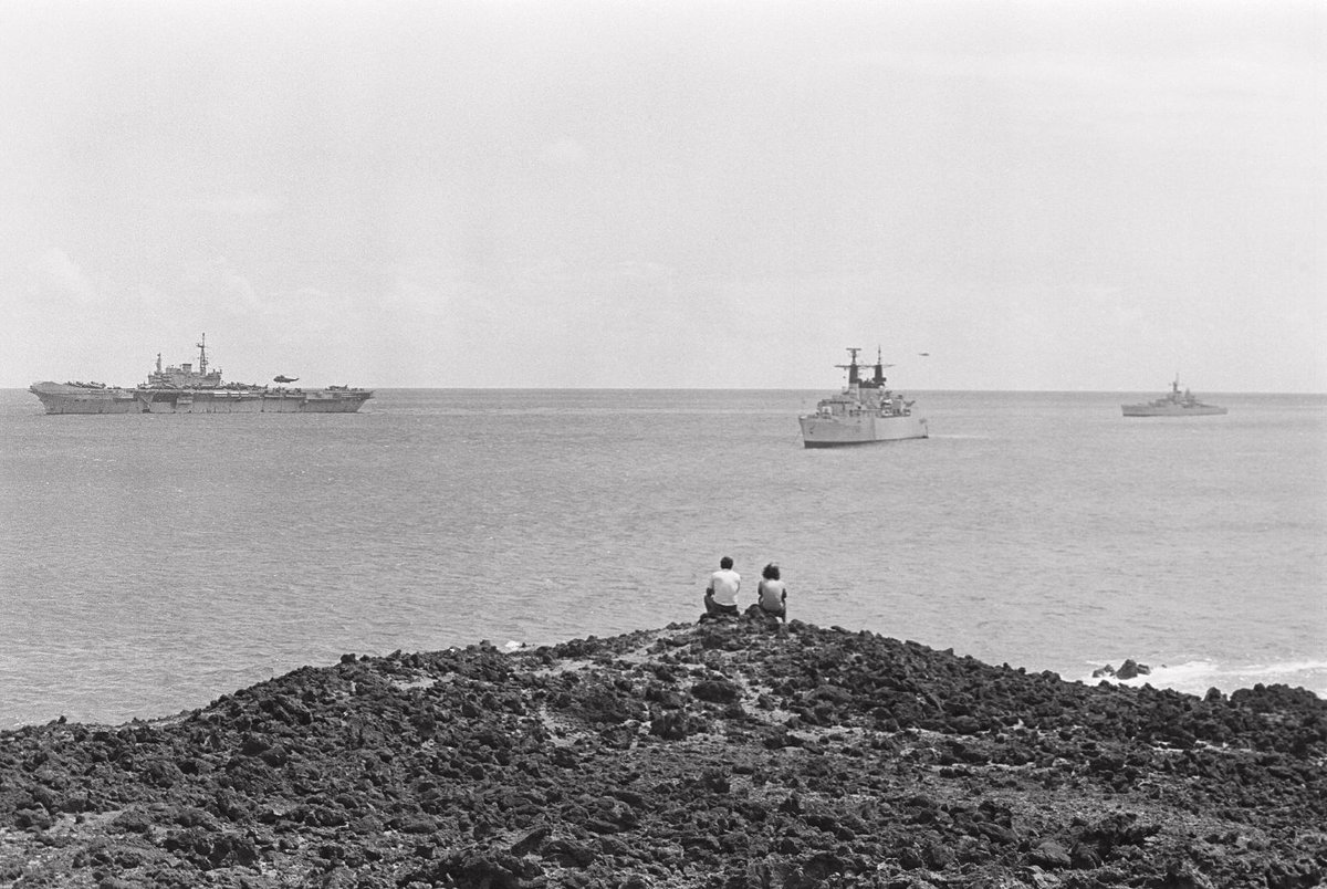 HMS Hermes and two of her escorts HMS Broadsword and HMS Yarmouth at Ascension.