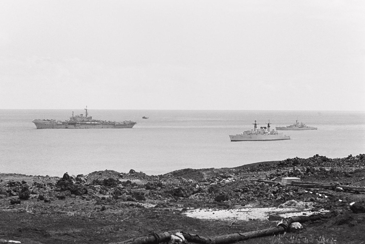 HMS Hermes and two of her escorts HMS Broadsword and HMS Yarmouth at Ascension.