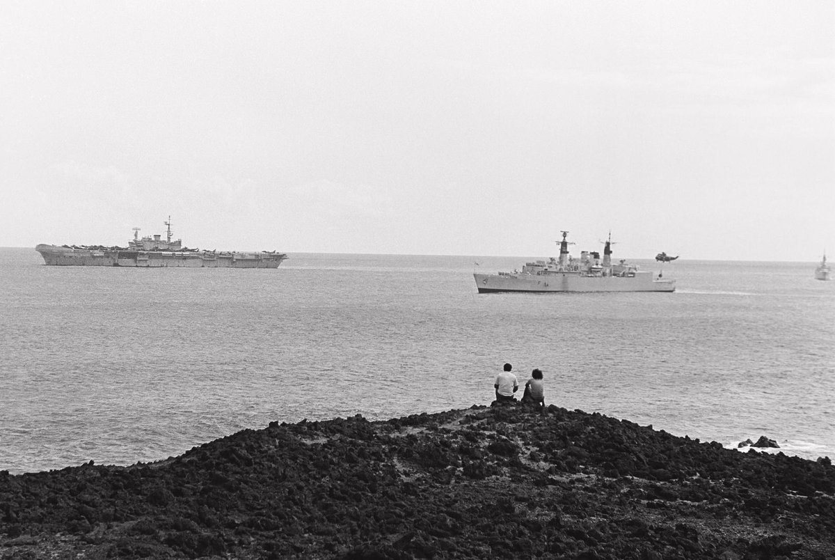 HMS Hermes and two of her escorts HMS Broadsword and HMS Yarmouth at Ascension.