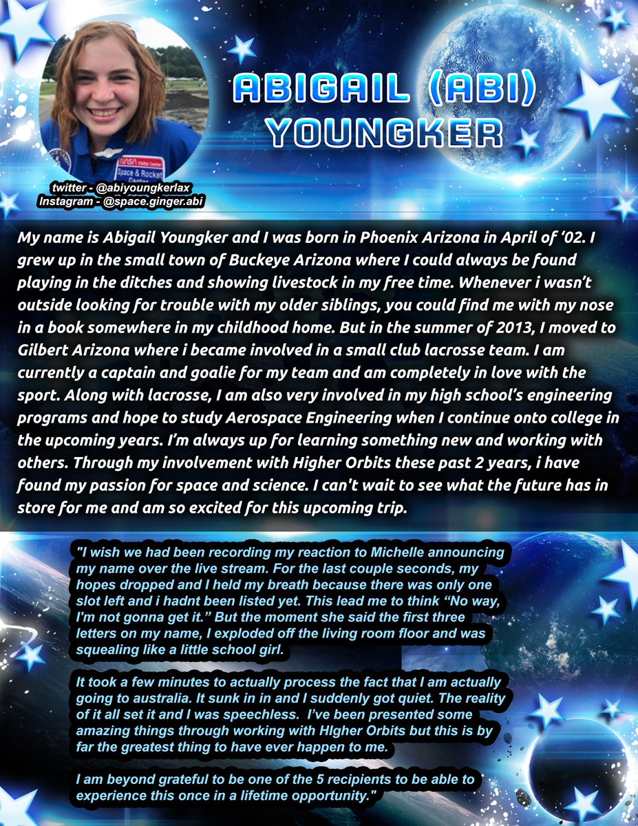 HigherOrbits's tweet photo. This #SpotlightSaturday - Get to know @AbiYoungkerLax. She is 1 of the 5 #HigherOrbitsInAustralia students we’ve selected to be part of the #InternationalScienceSchool this summer! #SpaceInspires #STEM #Australia https://t.co/XePVmOOINS
