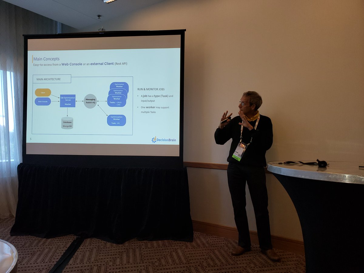 OD_Inc's tweet photo. Michel Eisenmann presents Build and deploy scalable #CPLEX applications with #DecisionBrain DBOS -- quickly, easily, and efficientl y, #DecisionBrain #odinc workshop #informs #2019analytics #orms #IBM https://t.co/OizIlGEwOE