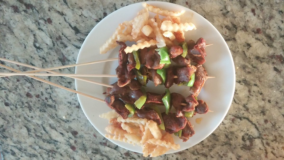 HKSDigital's tweet photo. Nice skewered chicken geasers with homemade french fries. Place your orders at hkshalomllc@outlook.com https://t.co/0B29VLeUmZ