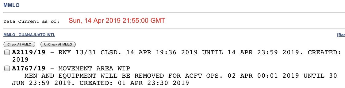 flyAPM's tweet photo. Último #NOTAM del aeropuerto de #Leon #Bajio #BJX #MMLO. Estima su apertura a las 19:00 hora local por aeronave accidentada. #flyAPM #aviacion https://t.co/7VUhCCoucV