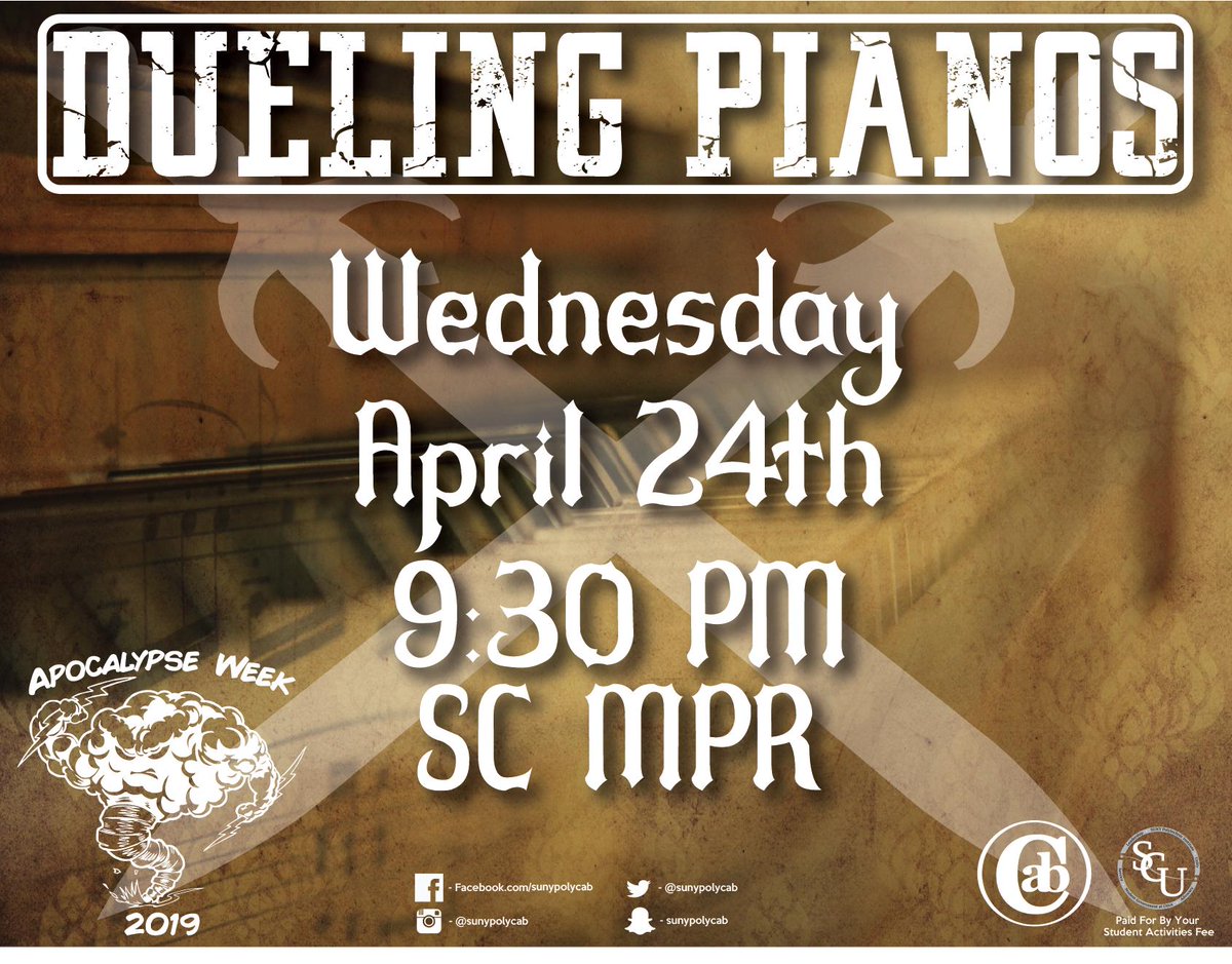 We continue our Apocalypse Week event announcements with Dueling Pianos! They'll be in the Student Center MPR on Wednesday April 24th at 9:30PM to continue with this amazing week of events! Be sure to stop by and hear some amazingly talented musicians!