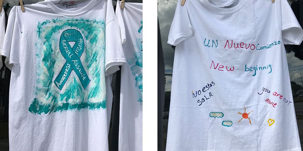 peacervrcenter's tweet photo. The Clothesline Project (CLP) shirts then get hung on a clothesline to be viewed by others as testimony to the problem of violence against women. With the support of many, CLP has spread worldwide. Here are some of the T-shirts made by our survivors and advocates. #fcasv #SAAM https://t.co/2Oin8S9hXp