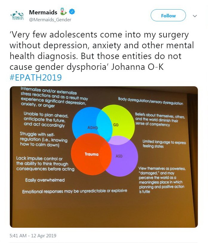 notgreener's tweet photo. Thank you @Mermaids_Gender for tweeting from #EPATH2019 

"Johanna O-K" is pediatrician Johanna Olson-Kennedy from Los Angeles, CA, USA. @ChildrensLA @USC 

Dr. O-K is NOT OK. 
She is absolutely wrong that depression, anxiety, ASD, ADHD, and trauma do not cause gender dysphoria. https://t.co/1CjvaJUAtx