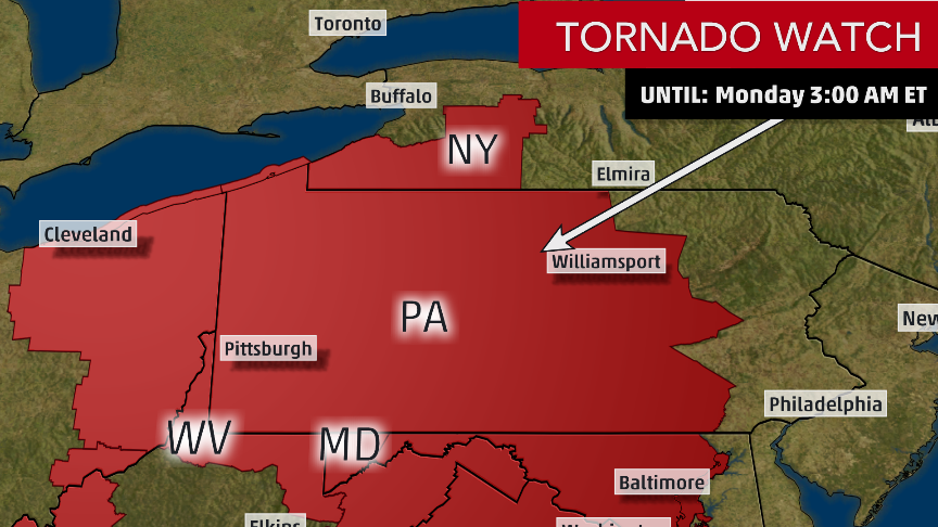 weatherchannel's tweet photo. NEW: #Tornado watch issued for parts of Pennsylvania, southwestern New York, northwestern Maryland and northern West Virginia until 3 a.m. EDT Monday. https://t.co/kGtwDpT92G