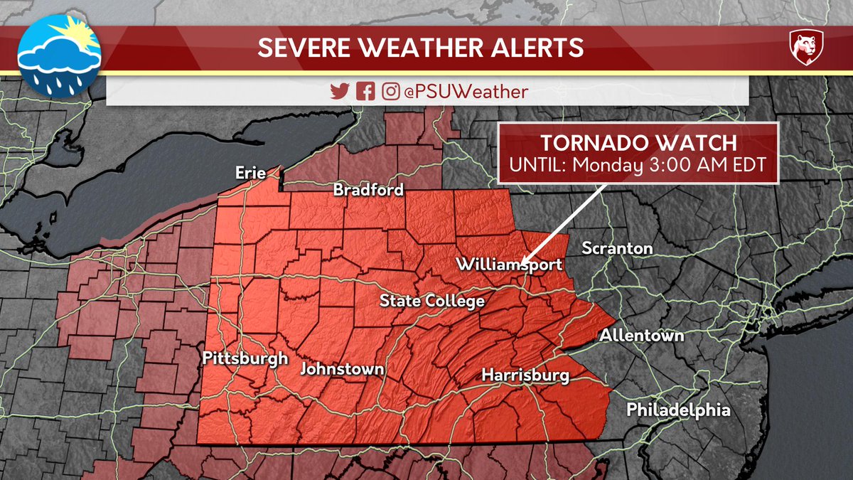 PSUWeather's tweet photo. TORNADO WATCH IN EFFECT for western and central Pennsylvania, including @penn_state, until 3:00am! Be sure to have a way to receive severe weather warnings throughout the night. #staysafe #PSUWeather #PAwx https://t.co/knYaqN4qx5